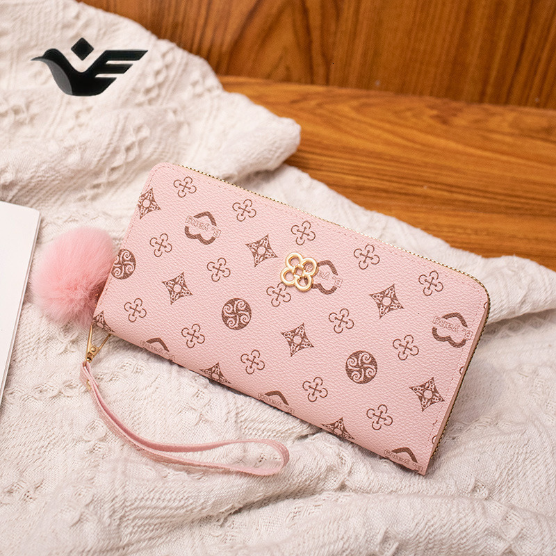 Feiyan Free Shipping New Designer Bag Luxury Shopping Bag Women's Wallet Fashion Printed Medium Long Clutch Trendy Girl Pom Pom Decorated Coin Pu