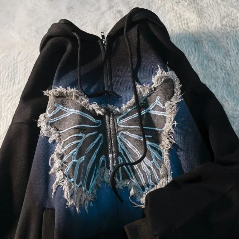 American Street BF Wind Butterfly Hooded Sweater Female Y2k Zipper Fashion Loose Cardigan Couple Gothic 250904