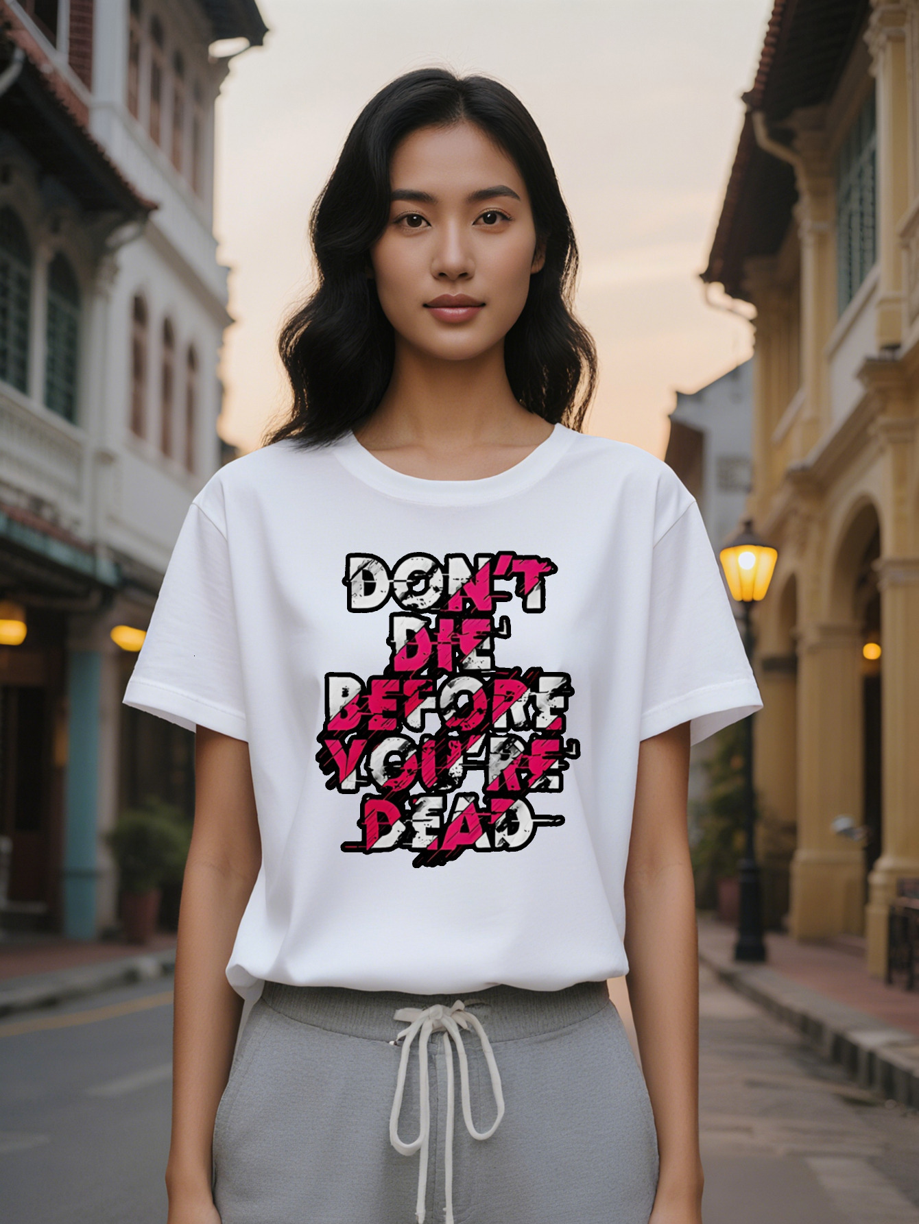 Large XL Casual Crew Neck T-Shirt Black with Bold Pink White Letter Print Don't Die Before You're Dead Design Lightweight Plus Size