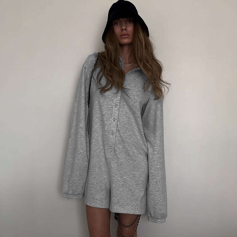 European and American Women's Clothing POLO Collar Single-Breasted Long Sleeve Loose Casual Comfortable Basic Solid Color Jumpsuit Shorts