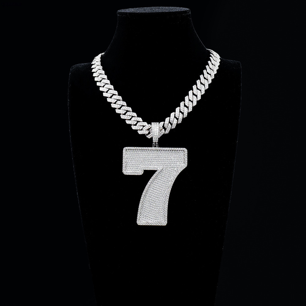 Custom Full Pave Iced Out Moissanite 925Silver White Gold Plated Big Number 7 Pendant Heavy Cuban Chain Necklace for Trendsetter