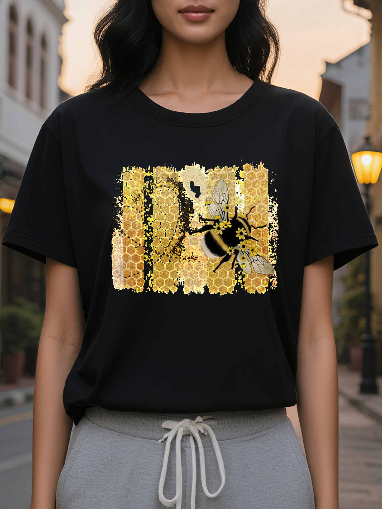 Ladies Elegant Sleeve T-Shirt White Honey Pattern Round Neck Jacket Autumn and Winter Daily Dress Medium Stretch