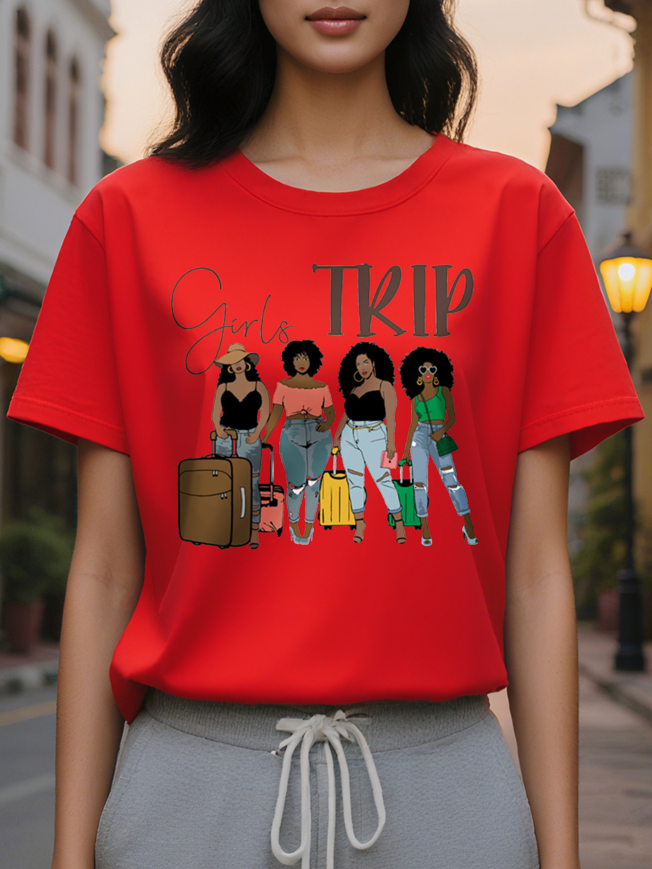 Large XL Girl Trip Print Crew Neck Casual Short Sleeve T-shirt for Summer Women's Clothing Plus Size