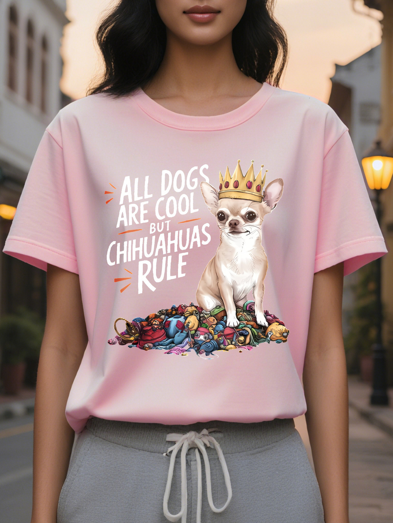Women S Chihuahua Puppy Print T-Shirt Casual Crew Neck Short Sleeve Top Cotton Knit Fabric Slight Stretch