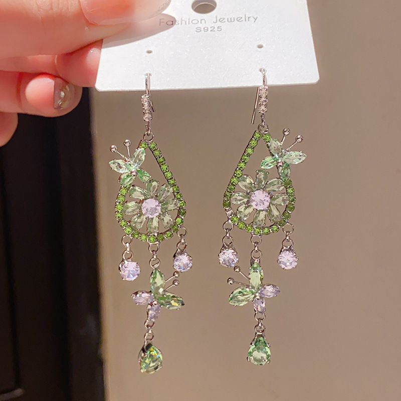 Silver Tone Purple Crystal Butterfly & Floral Hook Earrings With Teardrop Tassel Detail Elegant Glamorous Style Party Wear Gift For Her Sparkling Jewe