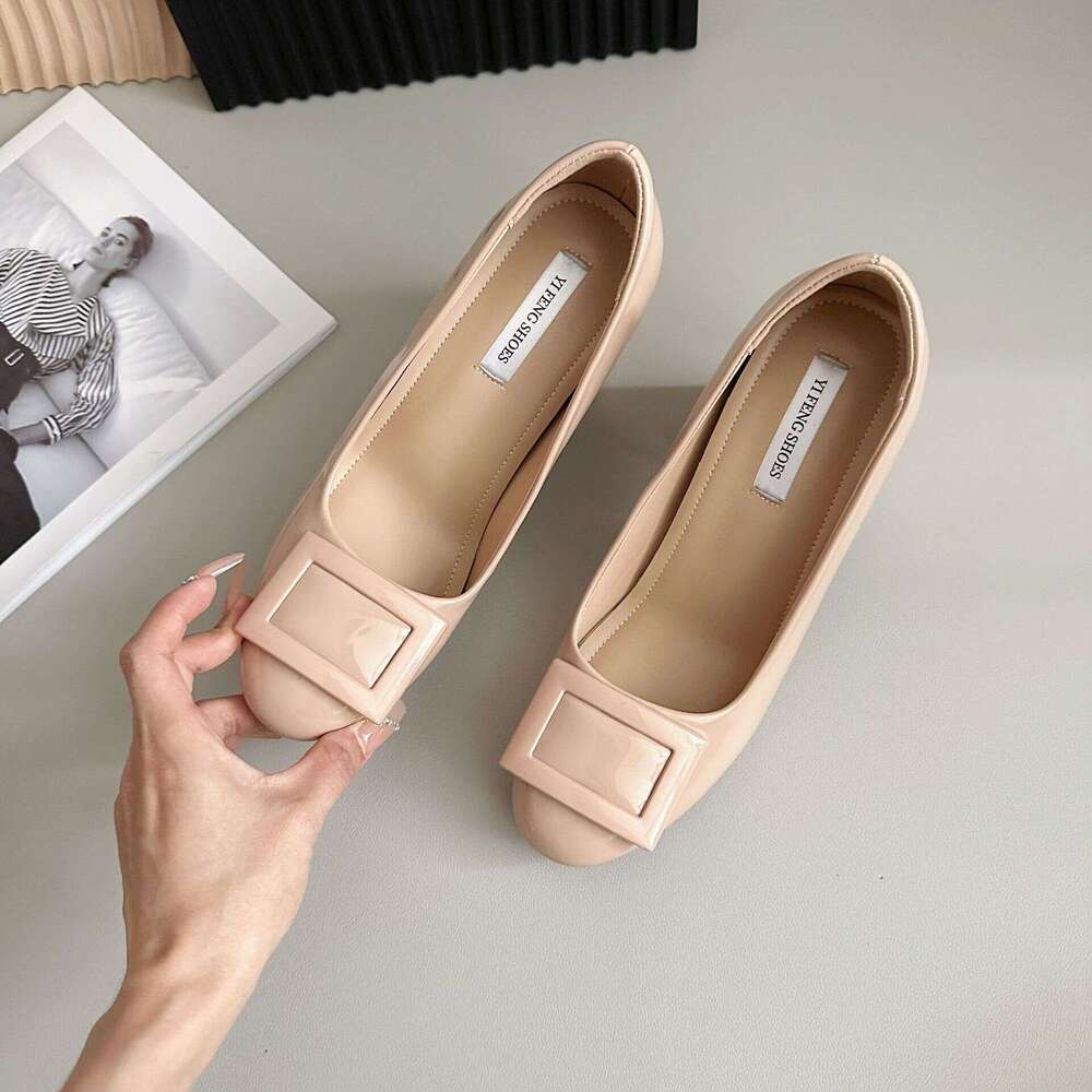 Nude Color Hidden Wedge 9cm Classic Buckle Elegant Shallow Mouth Patent Leather Chunky High Heel Single Shoes for Women