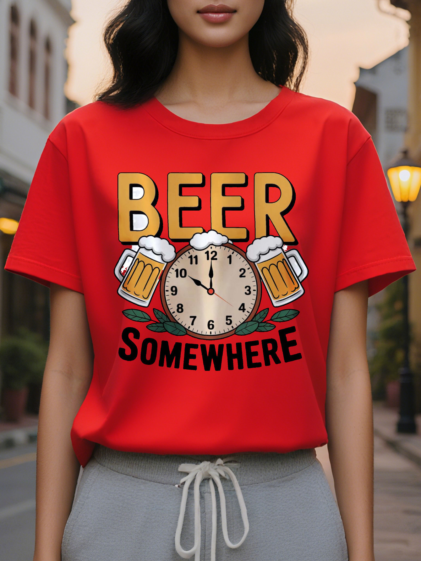 Women's Somewhere Pattern White T-Shirt with a Strong Beer Mug Design Lightweight Summer Top Suitable for