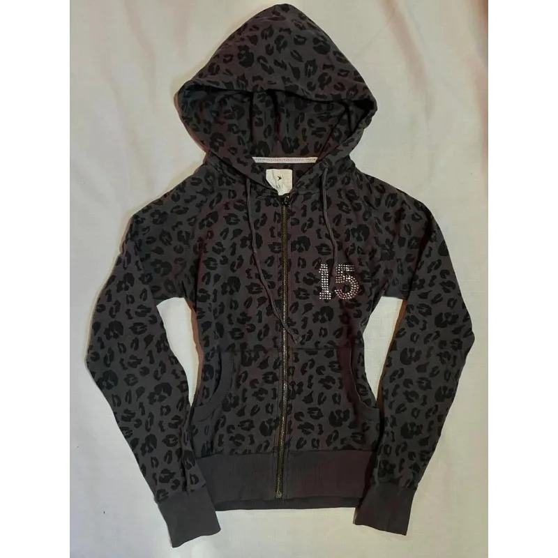 American leopard print geometric graphic ironing highquality slim longsleeved hoodies women Y2K niche simple casual sweatshirt 250904