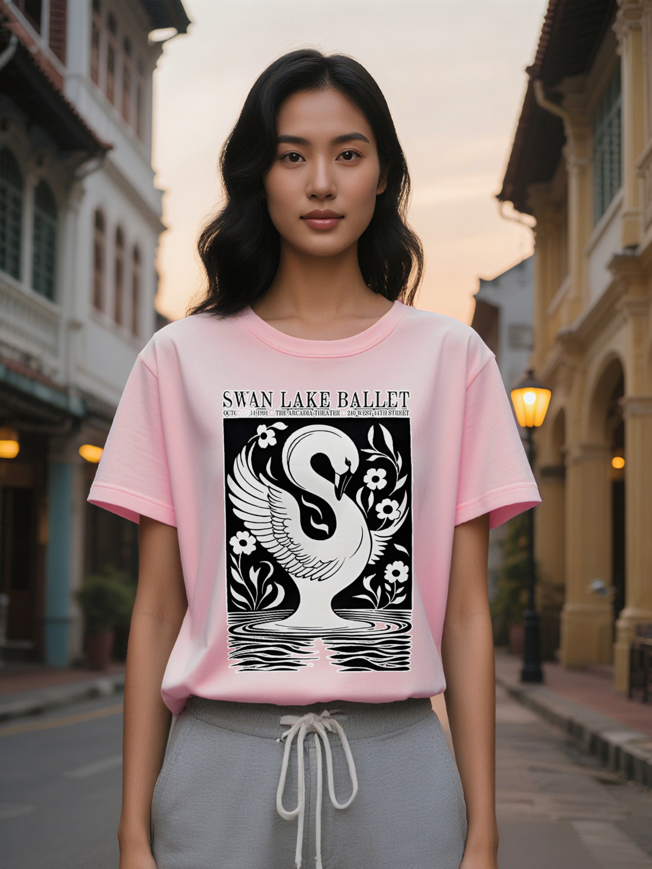 Large XL Women's Casual Lacquer Graphic T-Shirt Black with White Swan Floral Print Round Neck Summer Tee Washable Regular Plus Size