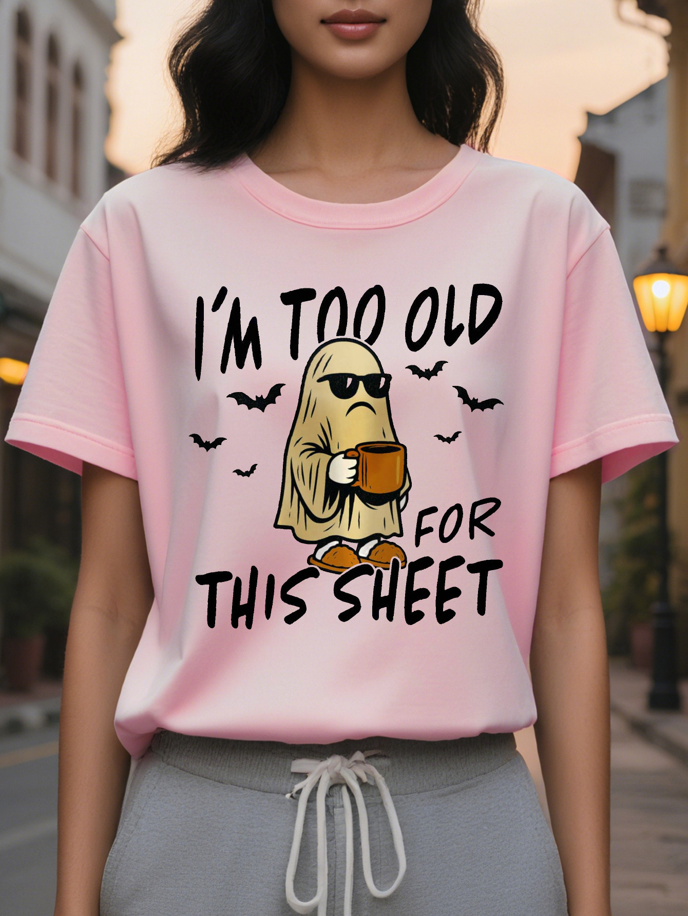 Women s I m Too Old to Fit This Sheet Pattern T Shirt White Crewneck Mystery Character Design Casual Daily and Party