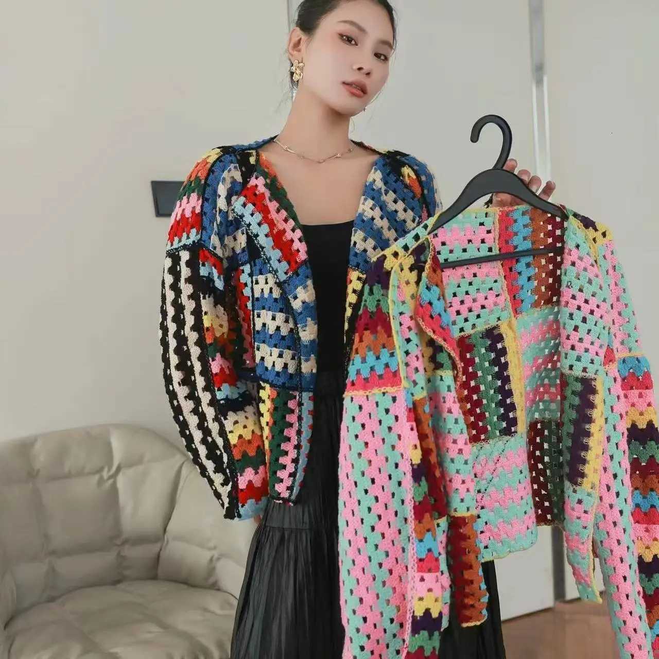SALIENCY Colorful Crochet Knit Hollow Cardigan Sweater Jacket Women Spring Top Loose Short Knitwear M250904