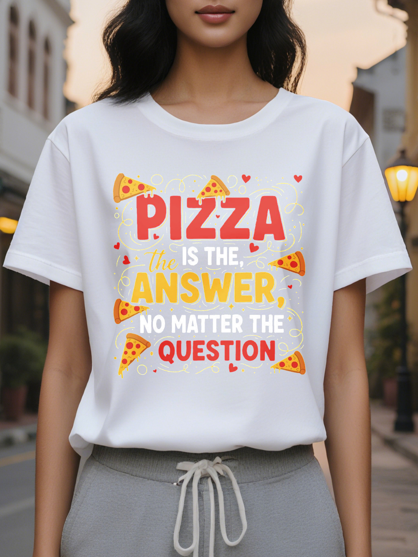 Women's Funny Lover Pattern is the Answer Bold Red and Yellow Letters Soft Everyday Casual T-Shirt Pizza