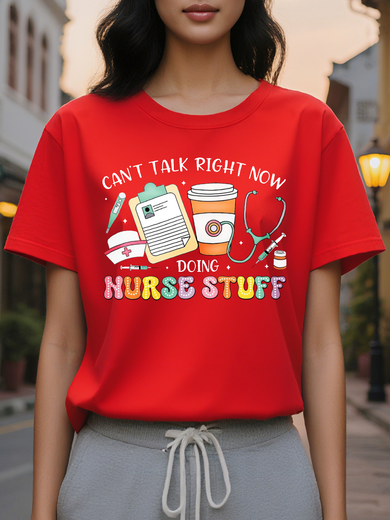 Large XL Tee Breathable Medium Stretch Women's Nurse Themed Graphic T-Shirt Can't Talk Right Now Doing Stuff Slogan with Icons Plus Size