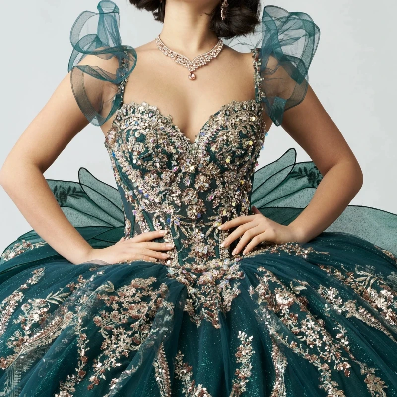 Blackish Green Shiny Quinceanera Dresses Ball Gown Off The Shoulder Applique Lace Bow Beading Crystal Party Tull Sweet 16 Dress Vestidos 15 De Anos