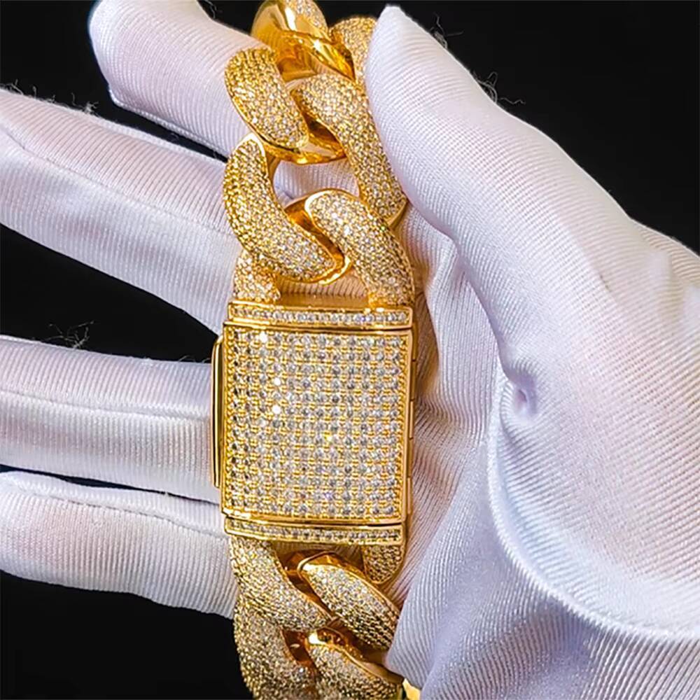 NUOYA Full Pave Moissanite Cuban Chain Bracelet 25mm Chunky Box Clasp Design Gold Plated Iced Out Miami Cuban Link Chain for Men
