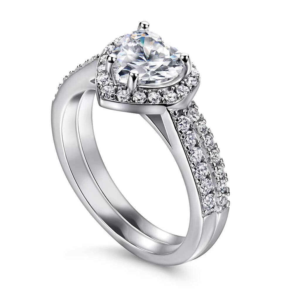 925 Sterling Silver Wedding Ring Set Classic Love Heart Design with Bezel Diamond Rhodium and Gold Plating