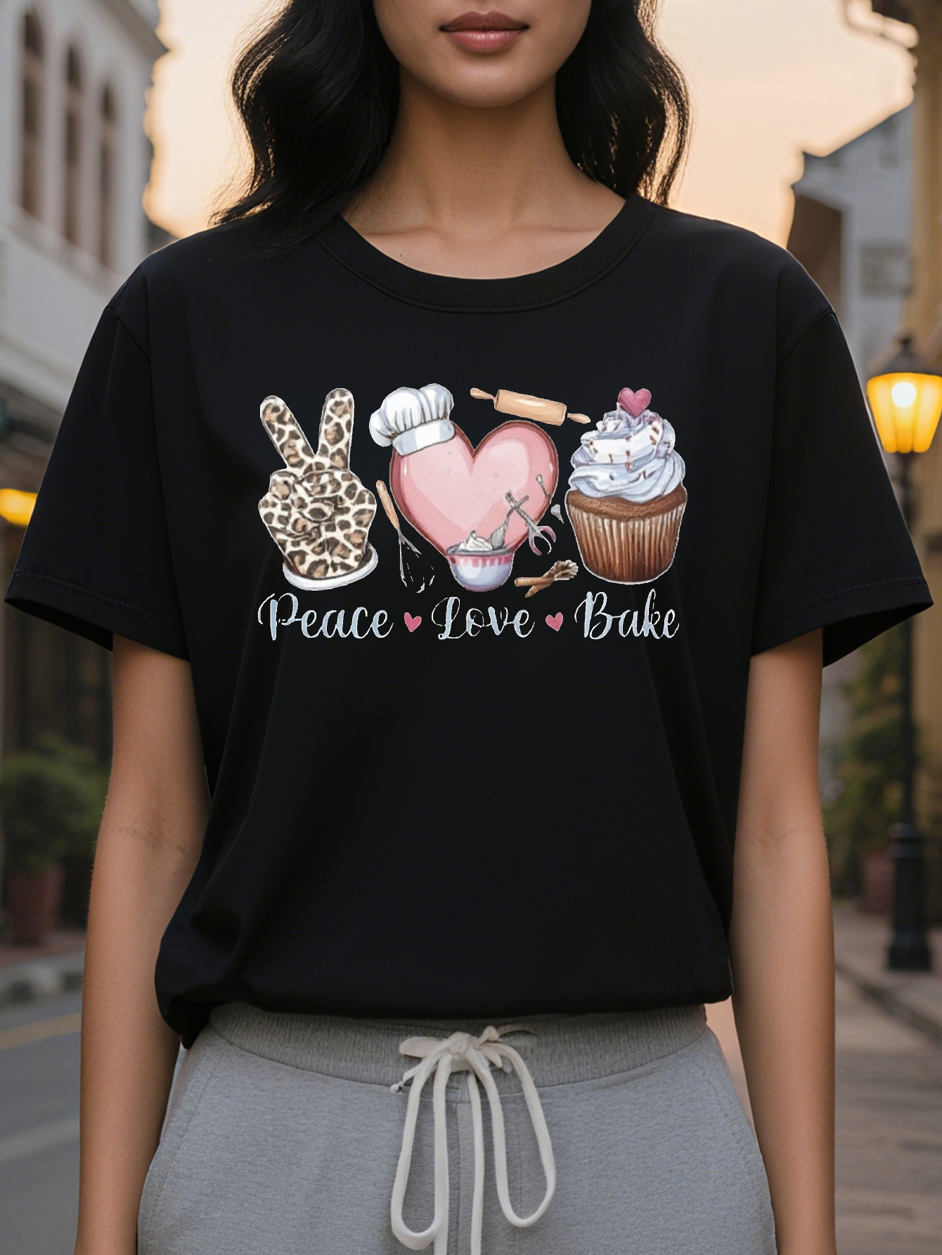 Women's Black Peace Baking Pattern Short Sleeve T-Shirt Button Leopard Love Design Elastic Round Neck Casual Top