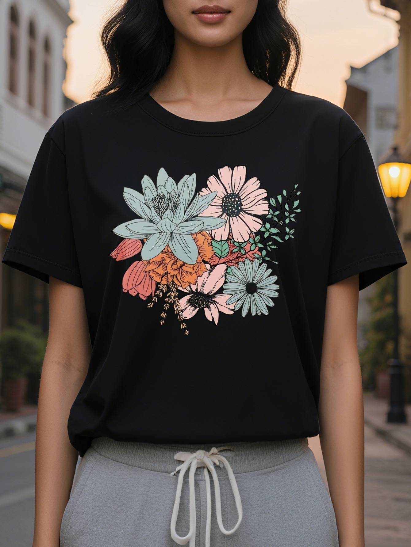 Large XL Women's T-Shirt Beige Blush Pink Floral Print Soft Casual Top Washable Round Neck Shirt for Women All Seasons Plus Size