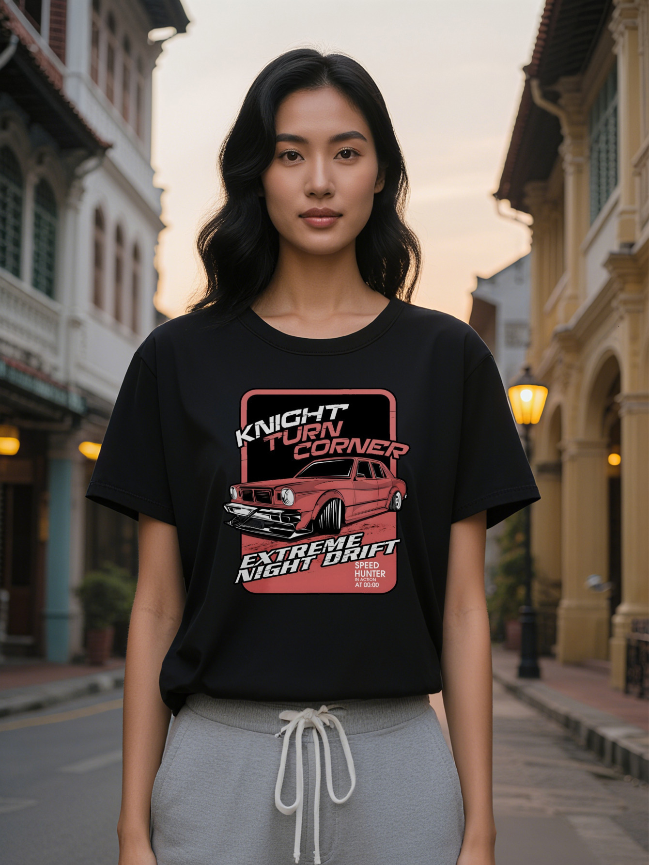 Lady Crew Neck T-Shirt with Red Graphic Knight Turn Corner Design Extreme Night Drift Text Perfect for Enthusiasts