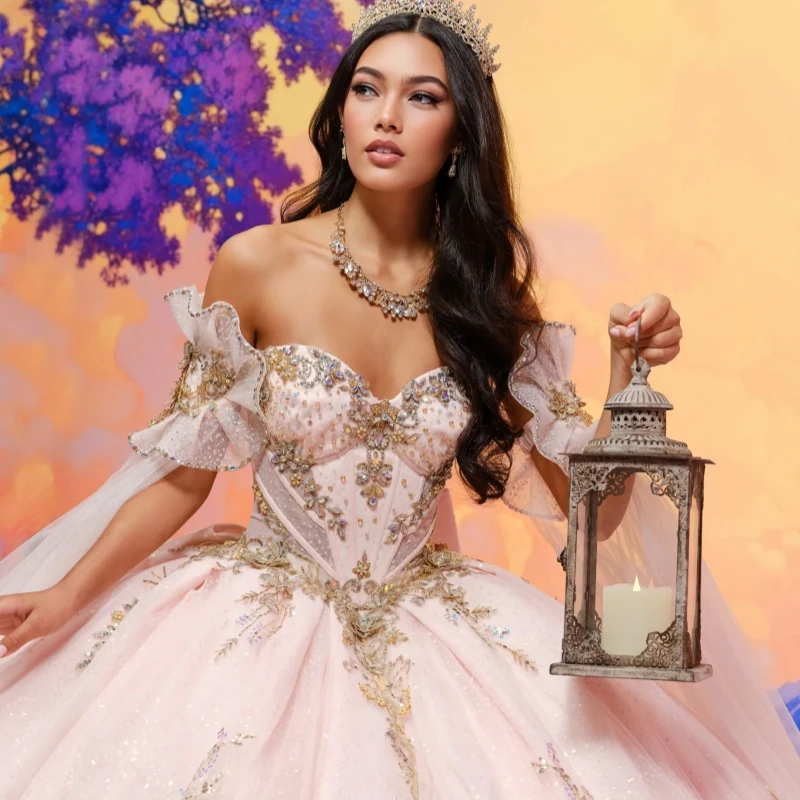 Pink Shiny Quinceanera Dresses Ball Gown Off The Shoulder Applique Lace Bow Beads Tull With Cape Sweet 16 Dress Vestidos 15 De