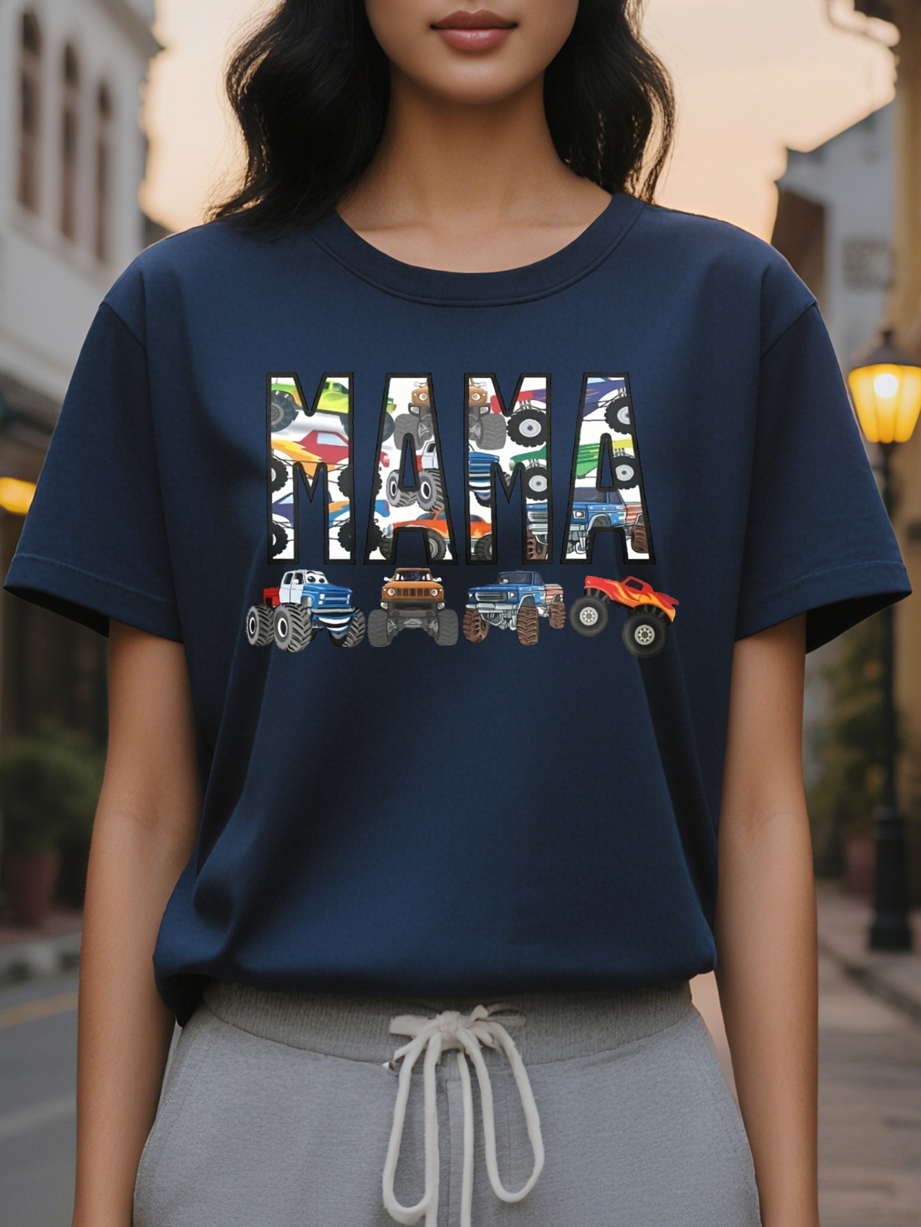 Large XL Light Beige Women's Casual Short Sleeve Round Neck T-Shirt Playful MAMA Truck Construction Graphic Print hine Plus Size