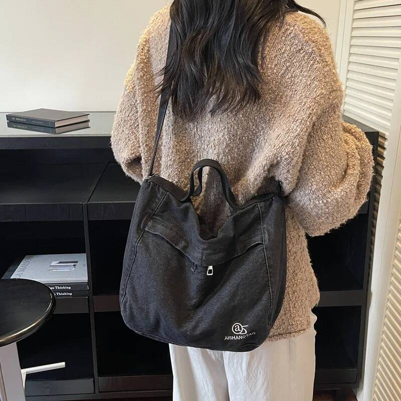 Textured Casual Crossbody Simple Embroidered Shoulder Denim Large Capacity Handle Bag