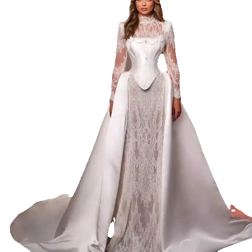 Fashion High Neck Lace Sheath Wedding Dress Long Sleeve Satin Bridal Dress Detachable Train Customized vestidos de novia