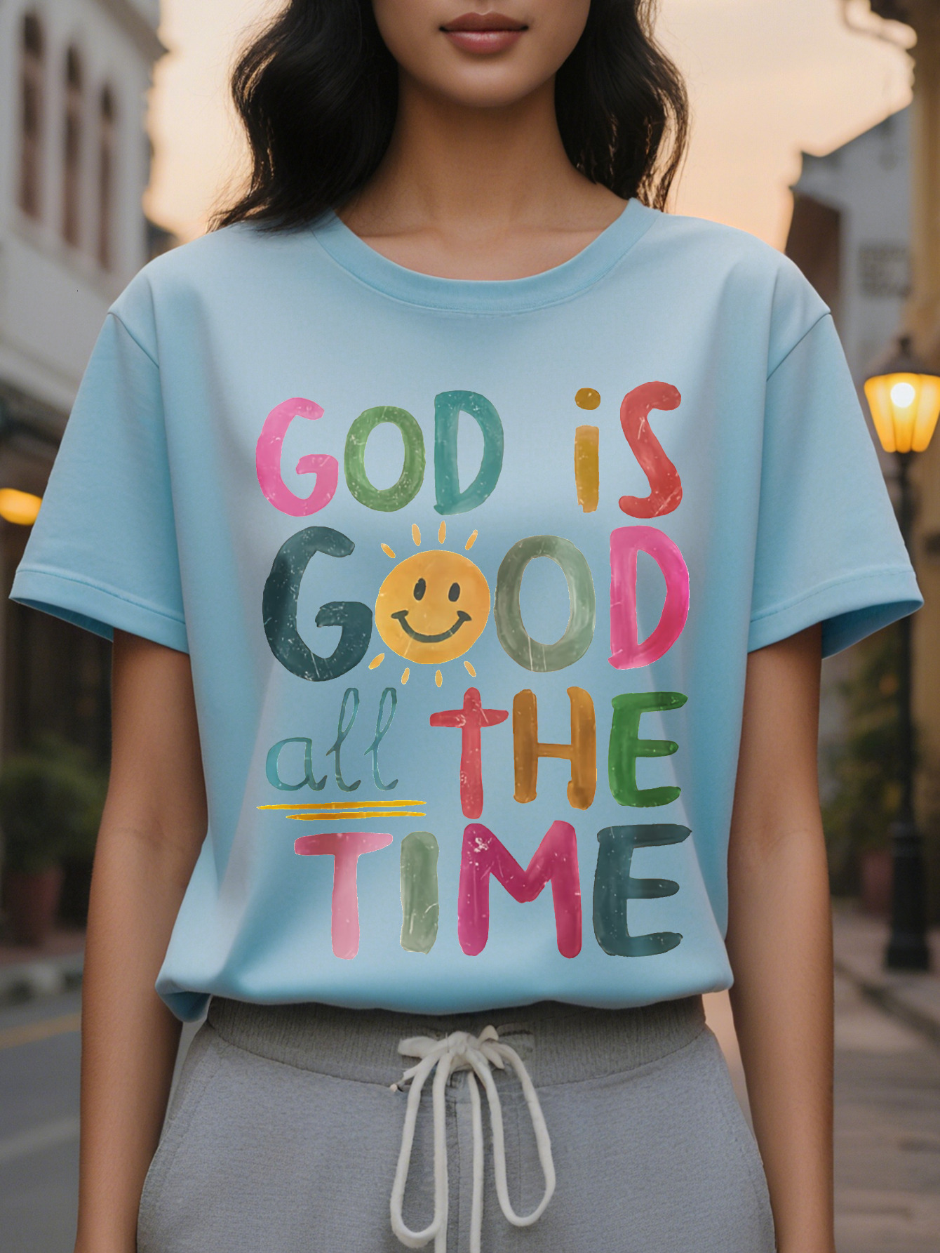 Large XL Women's Beige Inspirational God is Good All The Time Christian Sweatshirt Soft Round Neck Casual Pullover with Plus Size