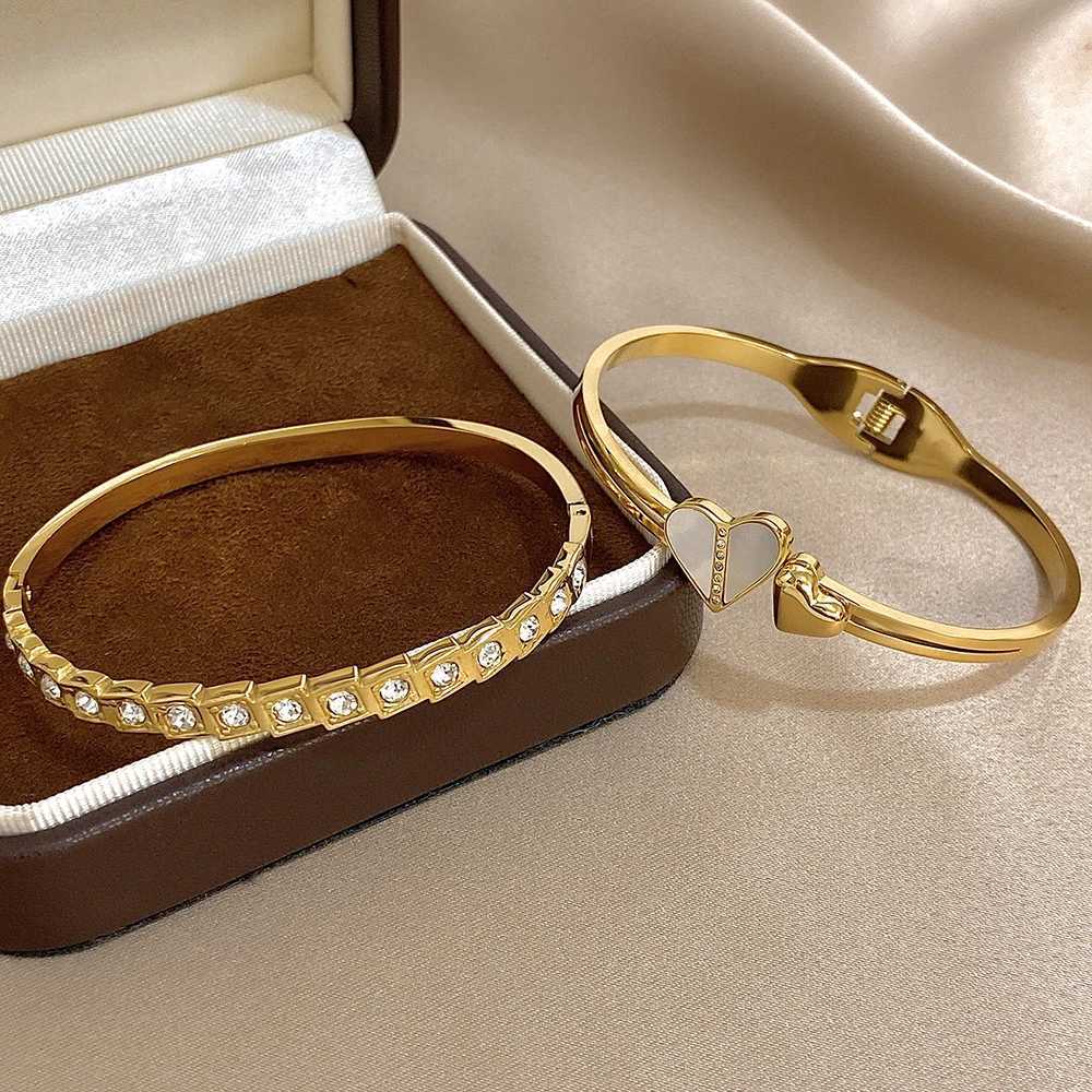 Stainless Steel Shell Square Rhinestone Open Cuff Bangles Set for Women Men Fashion Gold Plated Bangles Bracelets Y250904