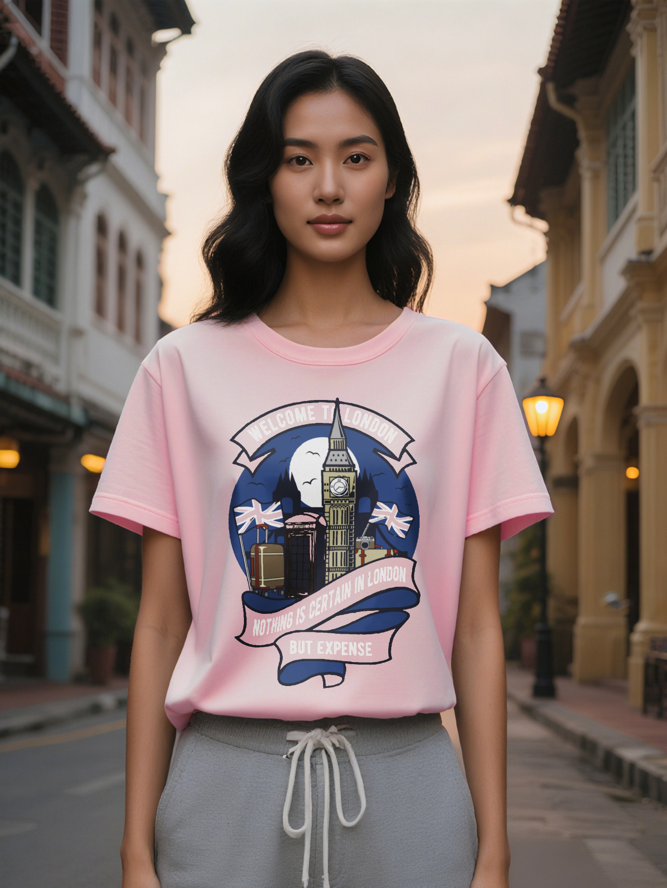 Lady Casual Crew Neck T-Shirt with Big Ben Skyline Print Welcome to London Graphic Tee Summer Wear Regular Fit