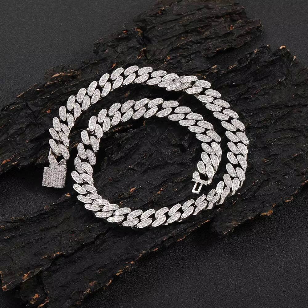 NUOYA 12mm Silver Cuban Link Chain for Women Micro Pave Bling Single Row Moissanite Cuban Link Chain Hip Hop Necklace Jewelry Gift