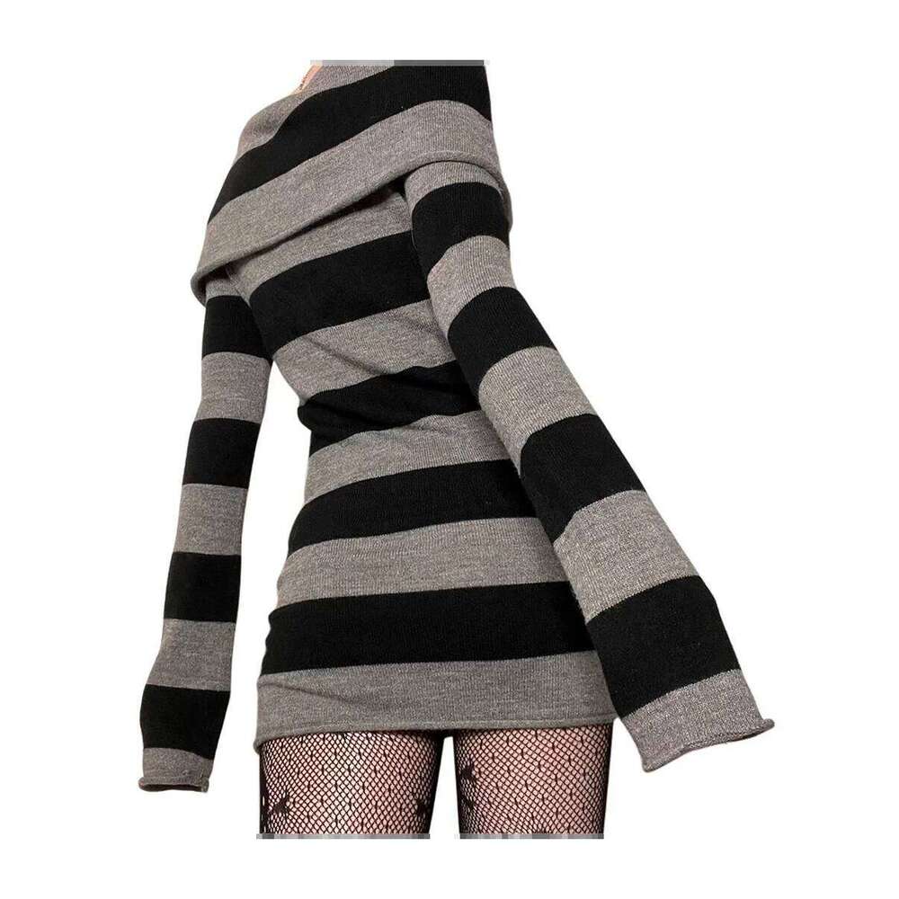 Women Y2k Knit Mini Striped Long Sleeve Off Shoulder Bodycon Short Sweater Dress Trendy Night Club Streetwear