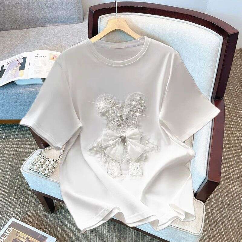 Women's Clothing Goods Three Dimensional Dia Sequin Embroidery Cartoon Short Sleeved T Shirt For Women Summer Loose Fashion Age Reducing Tops