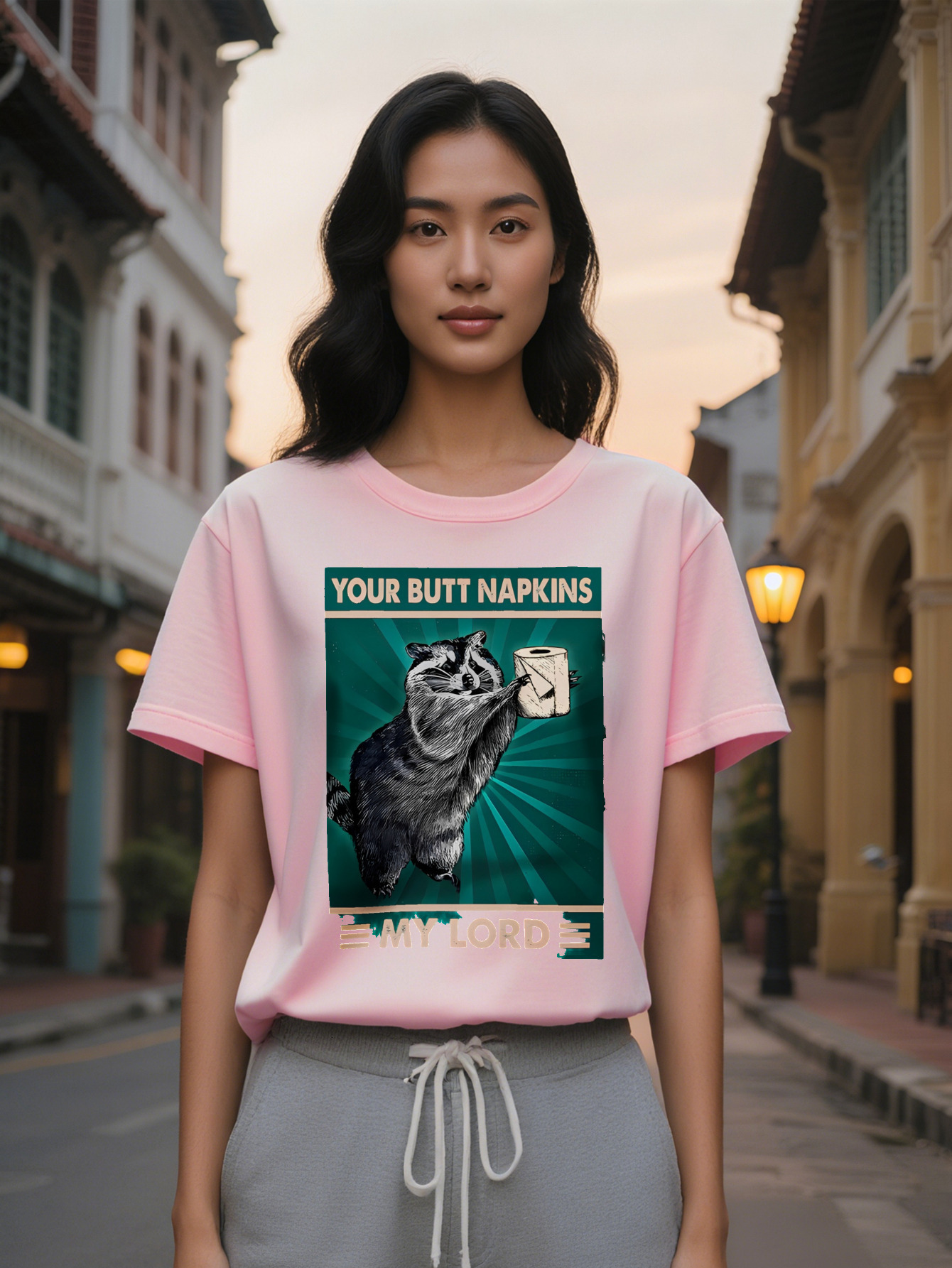 Large XL Casual Graphic T-Shirt with Raccoon Toilet Paper Print Your Butt Napkins My Lord Black Round Neck Summer Tee hine Plus Size