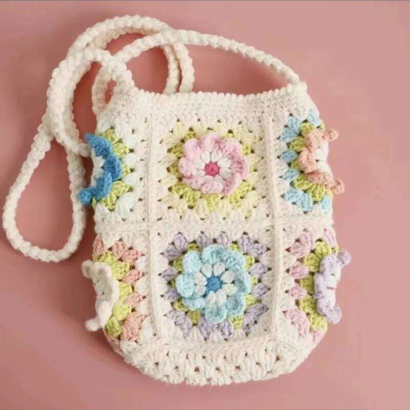 Handmade crochet hollow flower solid color elegant handbag, mobile phone bag with inner lining magnetic buckle closure