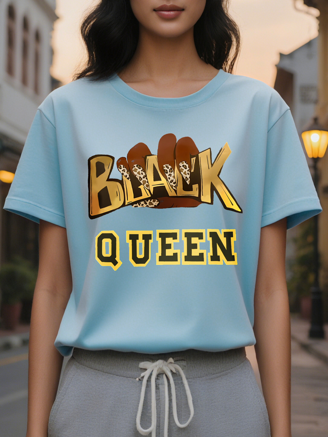 Large XL Women S Black Queen Graphic T-Shirt Beige Crew Neck Tee with Bold Golden Lettering Casual Everyday Formal Outfits Plus Size