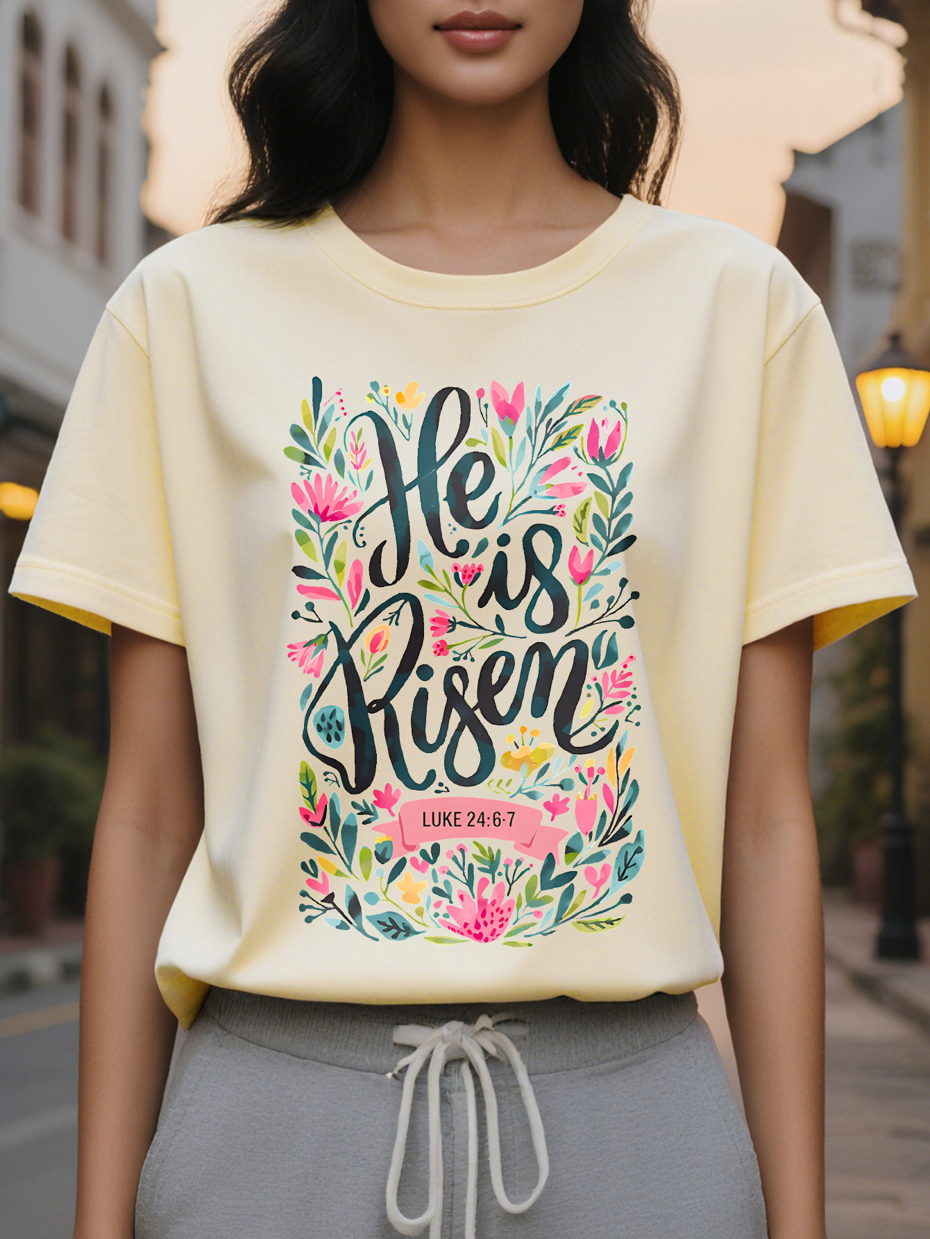 He Is Risen Easter Jesus Faith Bible Verse Luke Floral Print T-Shirt Pastel Pink Short Sleeve Crew Neck Top