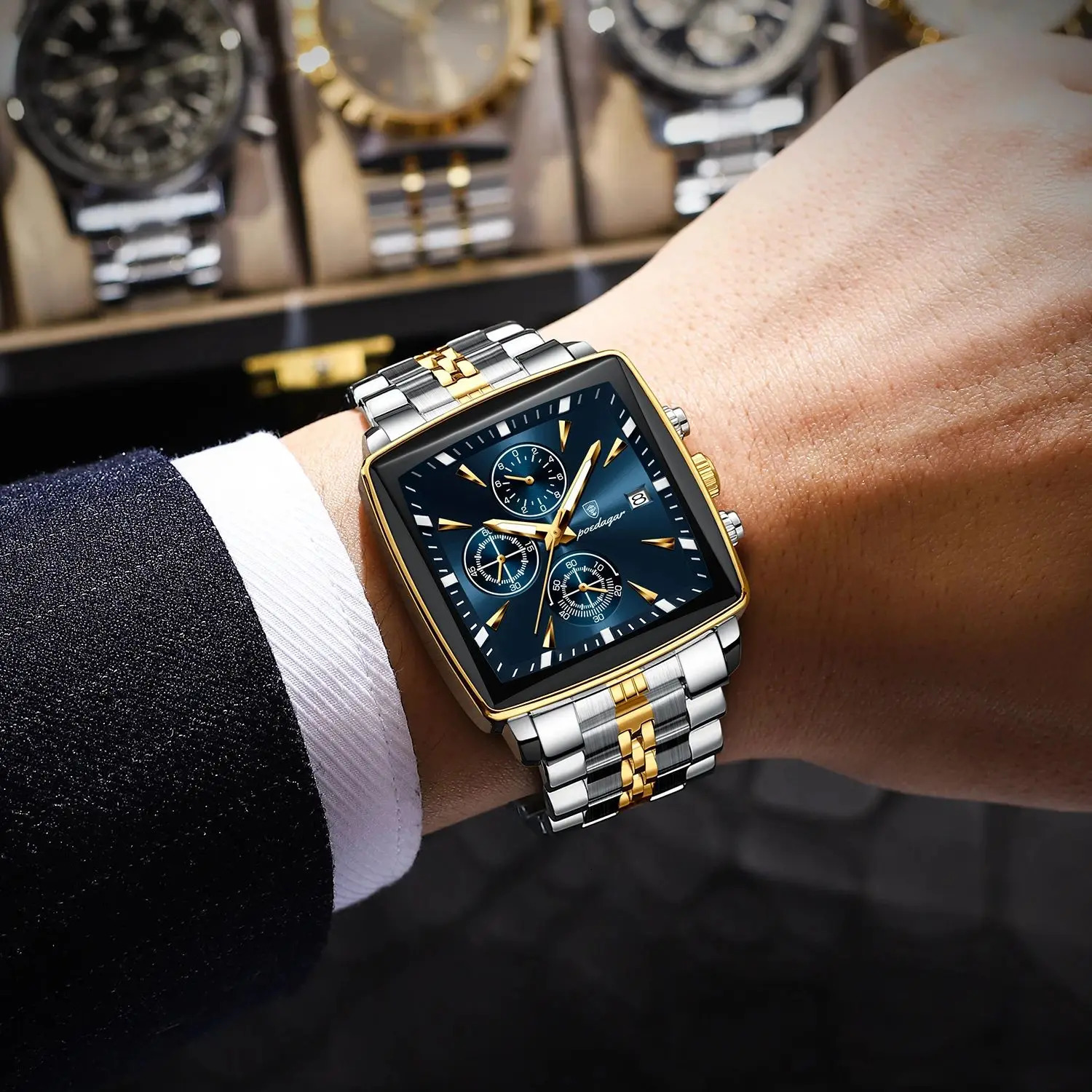 POEDAGAR Fashion Men Watch Luminous Waterproof Chronograph Date Man Wristwatch Square Stainless Steel Quartz Mens Watches Reloj 250828