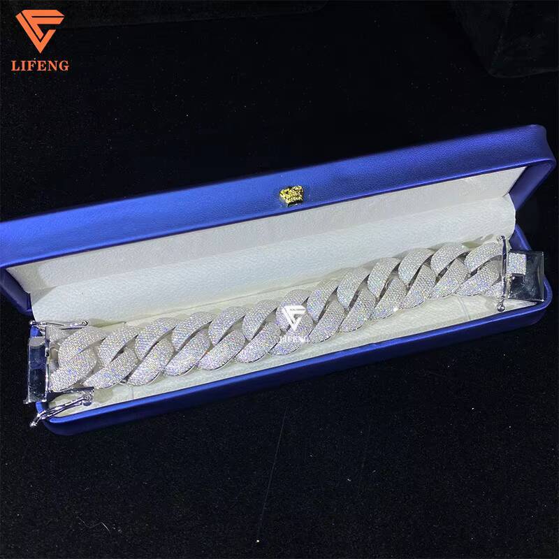 Lifeng Jewelry Moissanite Chain 28mm Bubble Cuban Bracelet Custom Cuban Link Chain Bracelet Hip Hop Cuban Link Chain 925 Silver