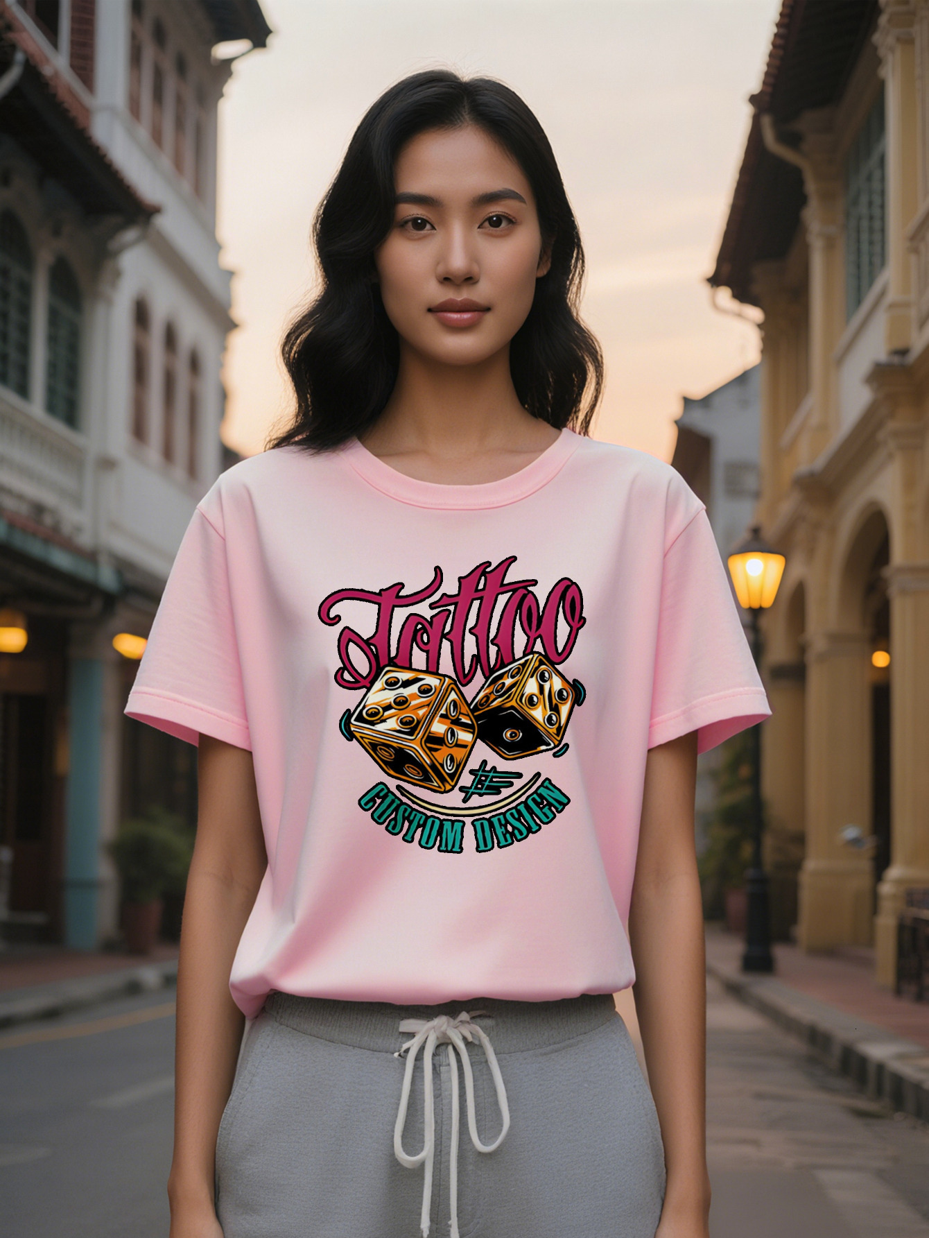 Large XL Women's Casual Short Sleeve T-Shirt with Dice Print Black Round Neck Summer Top Washable Regular Fit Tee Women Plus Size