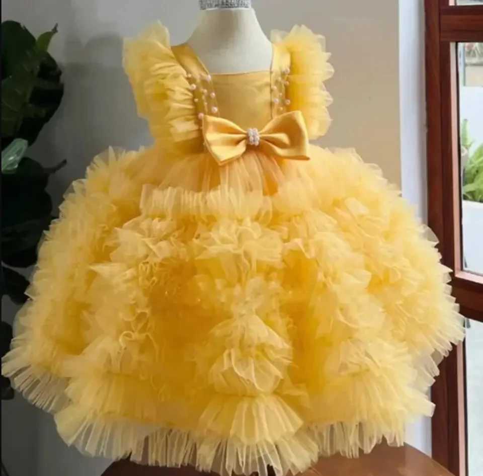 Customized Pink Flower Girl Dresses for Wedding Tiered Square Collar Pearls with Bow Kids Birthday Party First Communion Gown Z250904