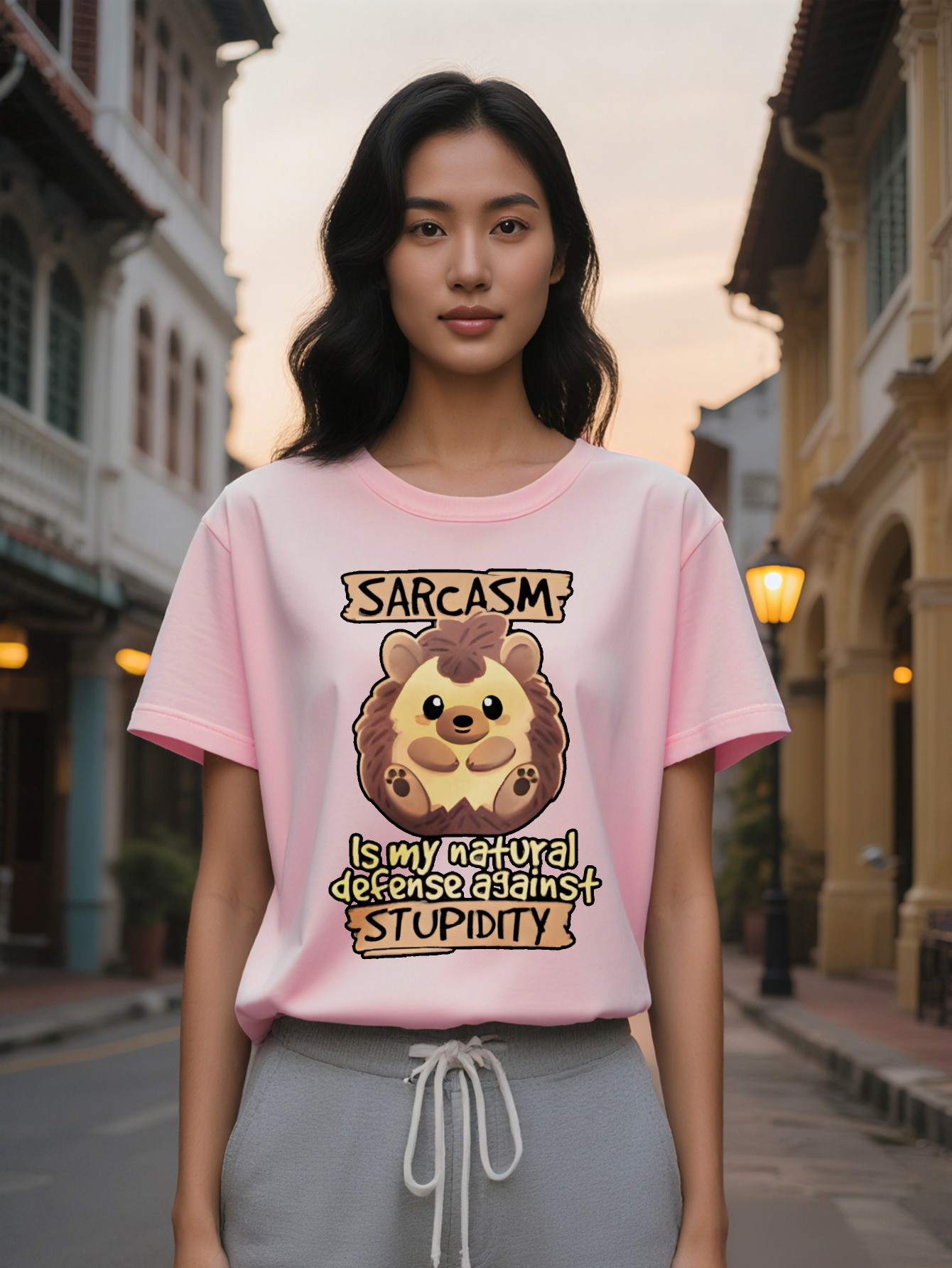 Large XL Lady Casual Graphic T-Shirt with Cartoon Hedgehog Sarcasm Quote Black Round Neck Summer Tee, Washable Regular Plus Size