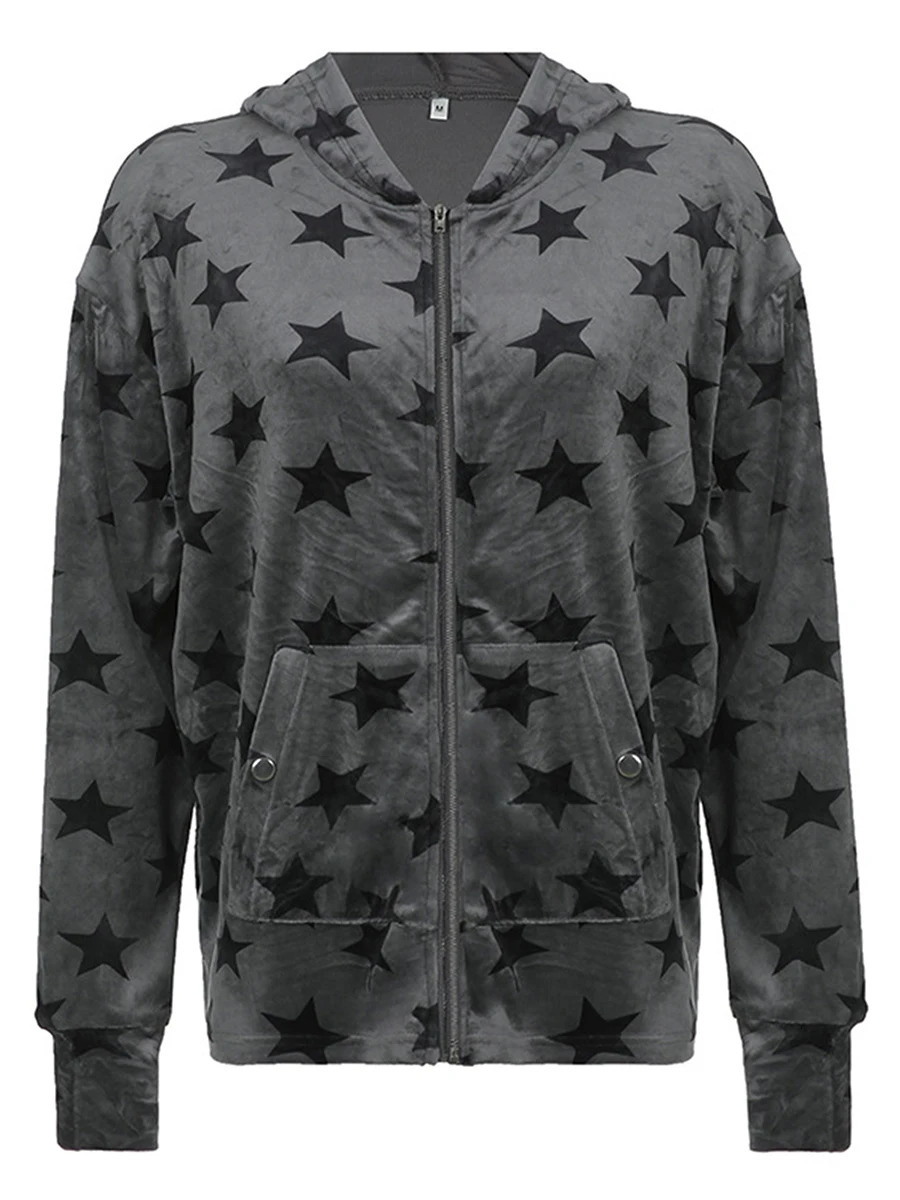 Yoawdats Women Casual Zip Up Hoodie Long Sleeve Star Graphic Print Goth Jacket Oversized Aesthetic Y2K Sweatshirt Streetwear 250904