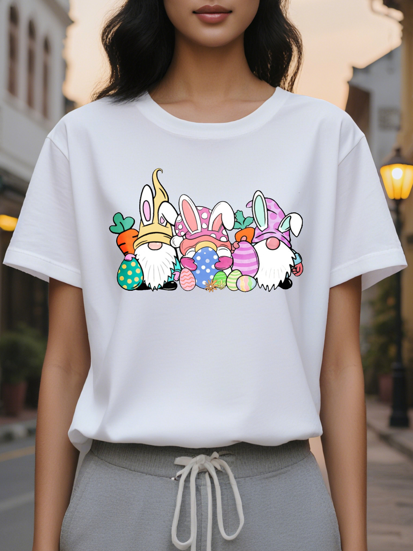 Large XL Women S Easter Bunny Eggs Graphic Tee Casual Crew Neck Cotton T-Shirt Soft Comfortable Knit Fabric Geometric Plus Size