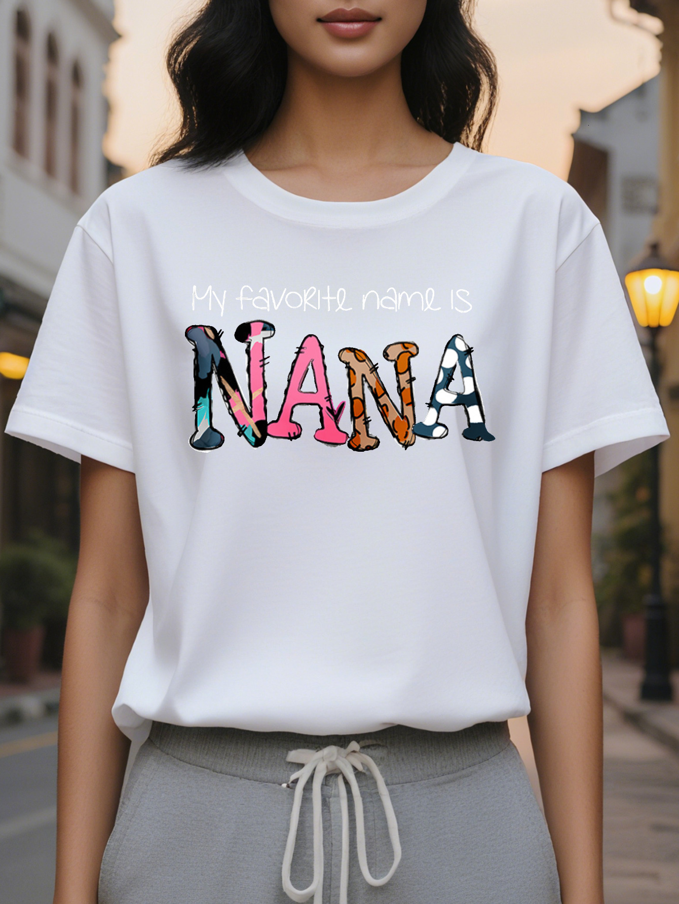 Women's casual sleeve T-shirt printed with the word NANA, spring and autumn slim top cotton