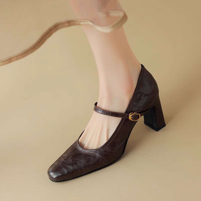 High Women's Autumn New Designer Shoe Sheepskin One-Strap Thick Heel Black French Genuine Leather Mary Jane Shoes