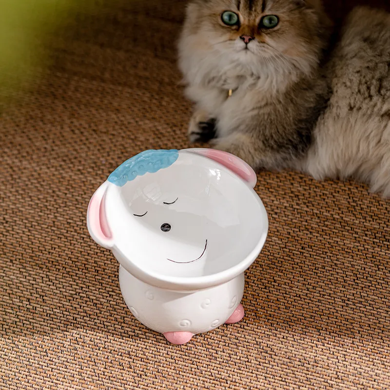 Porcelain Raised Cat Bowl Cute Little Animals Tilted Cat Food Bowl Elevated Porcelain Pet Bowl Protect Pets Spine Anti Vomit