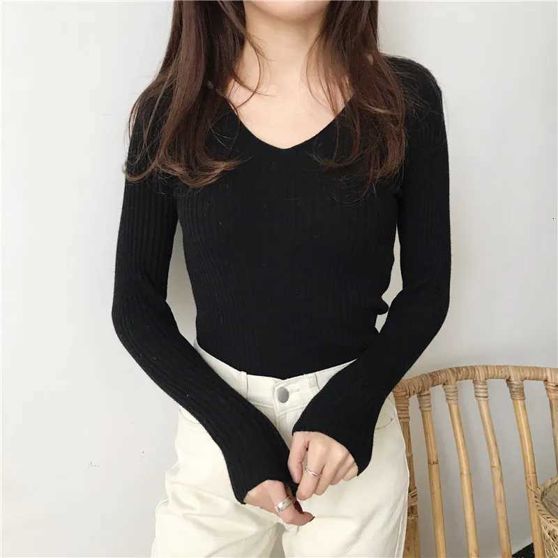 Korean Autumn V Neck Sweater Knitted Fashion Sweaters 2025 Slim Winter Tops For Women Pullover Jumper Pull Femme Truien Dames M250904