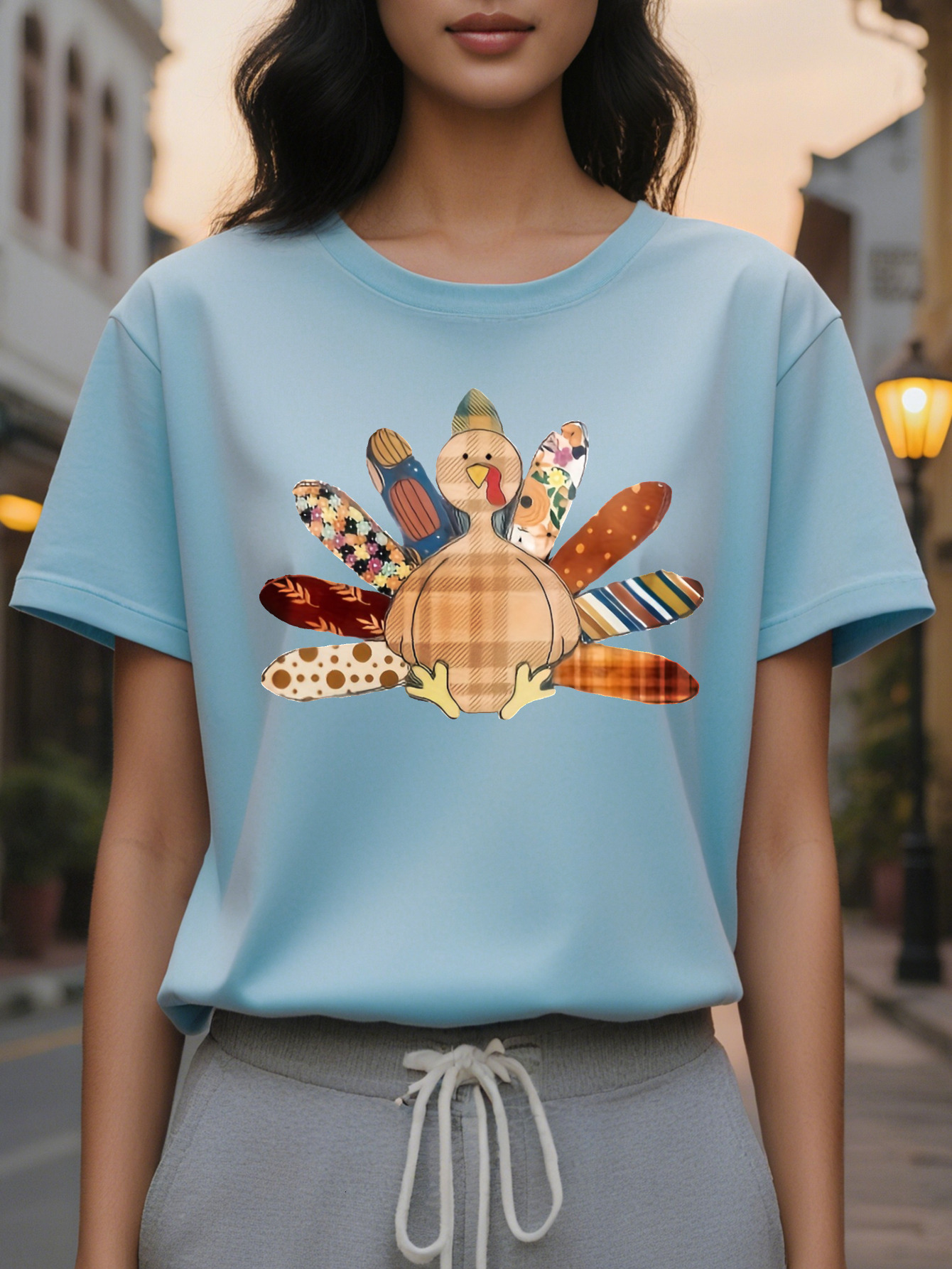 Large XL Women S Turkey Graphic T-Shirt Dark Gray with Orange Accents Casual Fall Tops Thanksgiving Dinner Outfits Soft Plus Size