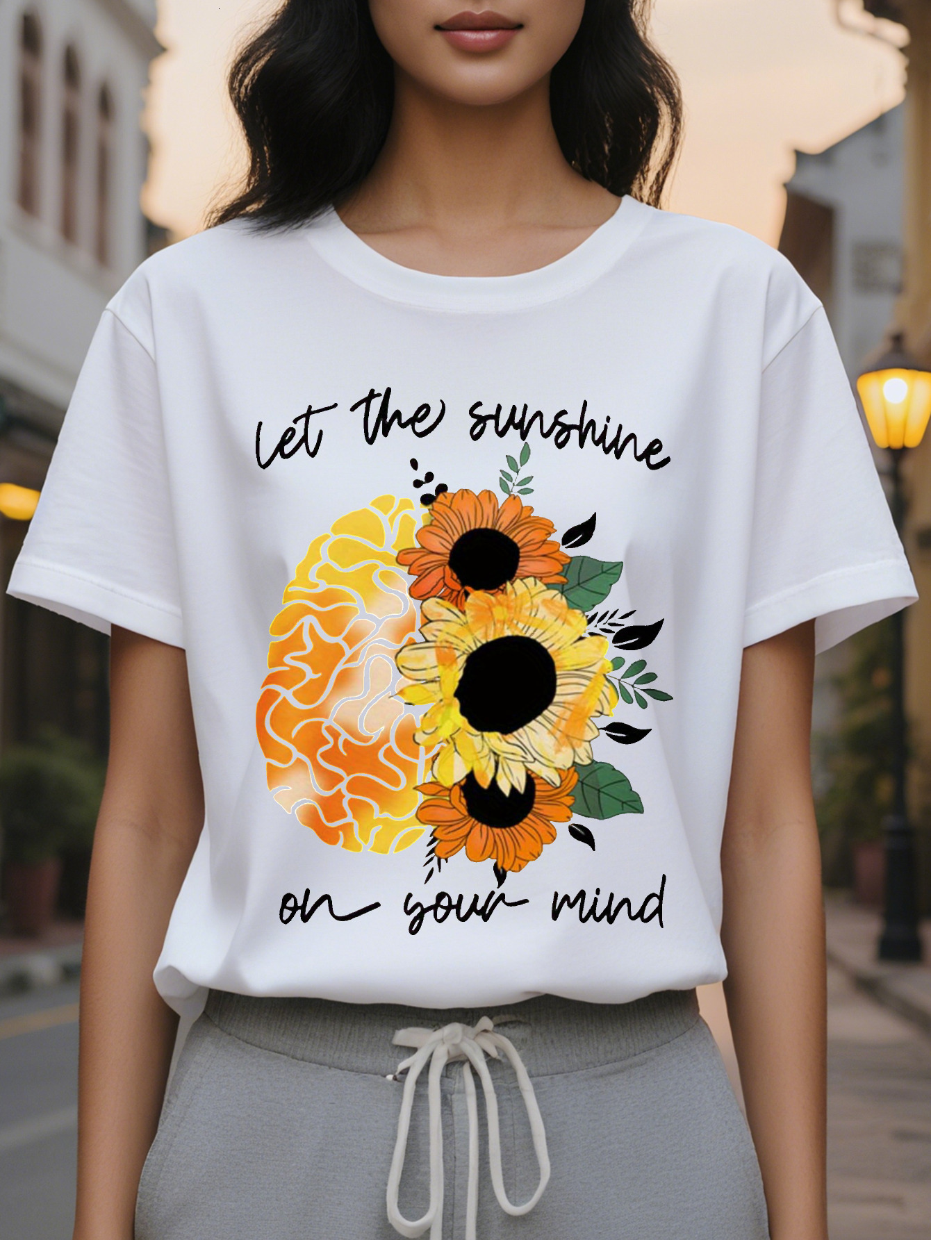 Ladies Elegant T-Shirt Let The Sun Light Up Your Heart Pattern Round Neck Short Sleeve Cotton Wear Casual